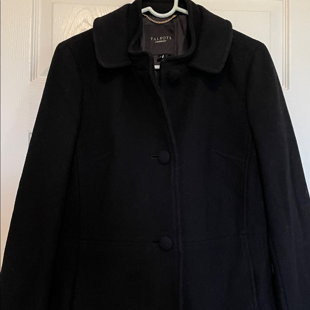 Talbots sz 8 Black 80% wool blend winter midi dress coat 3 button close pockets